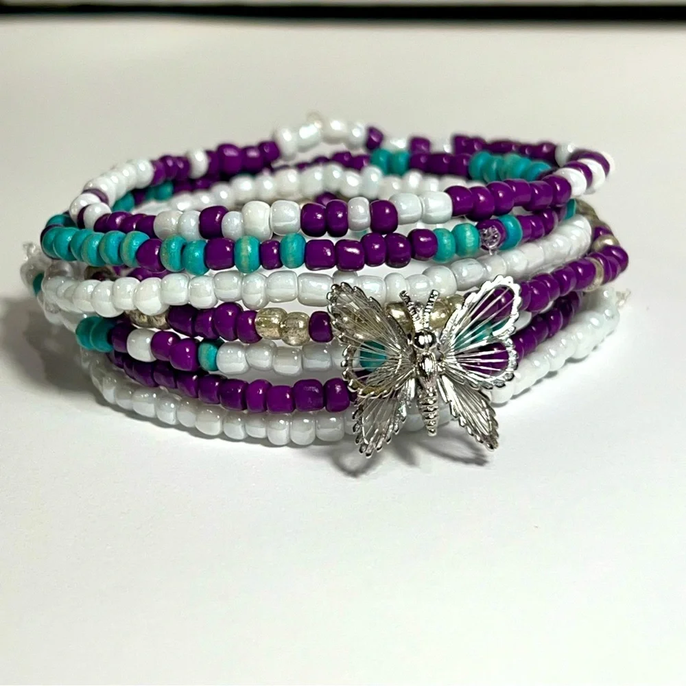 Beaded bracelets butterfly purple blue white silver handmade stretchy